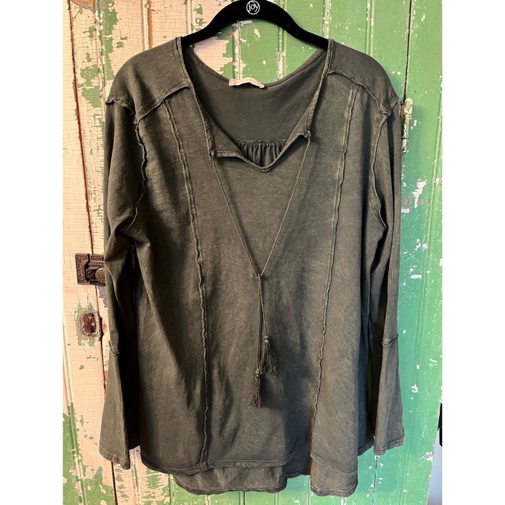 Altared State Olive Long Sleeve Top with Tassel Detail Size Large